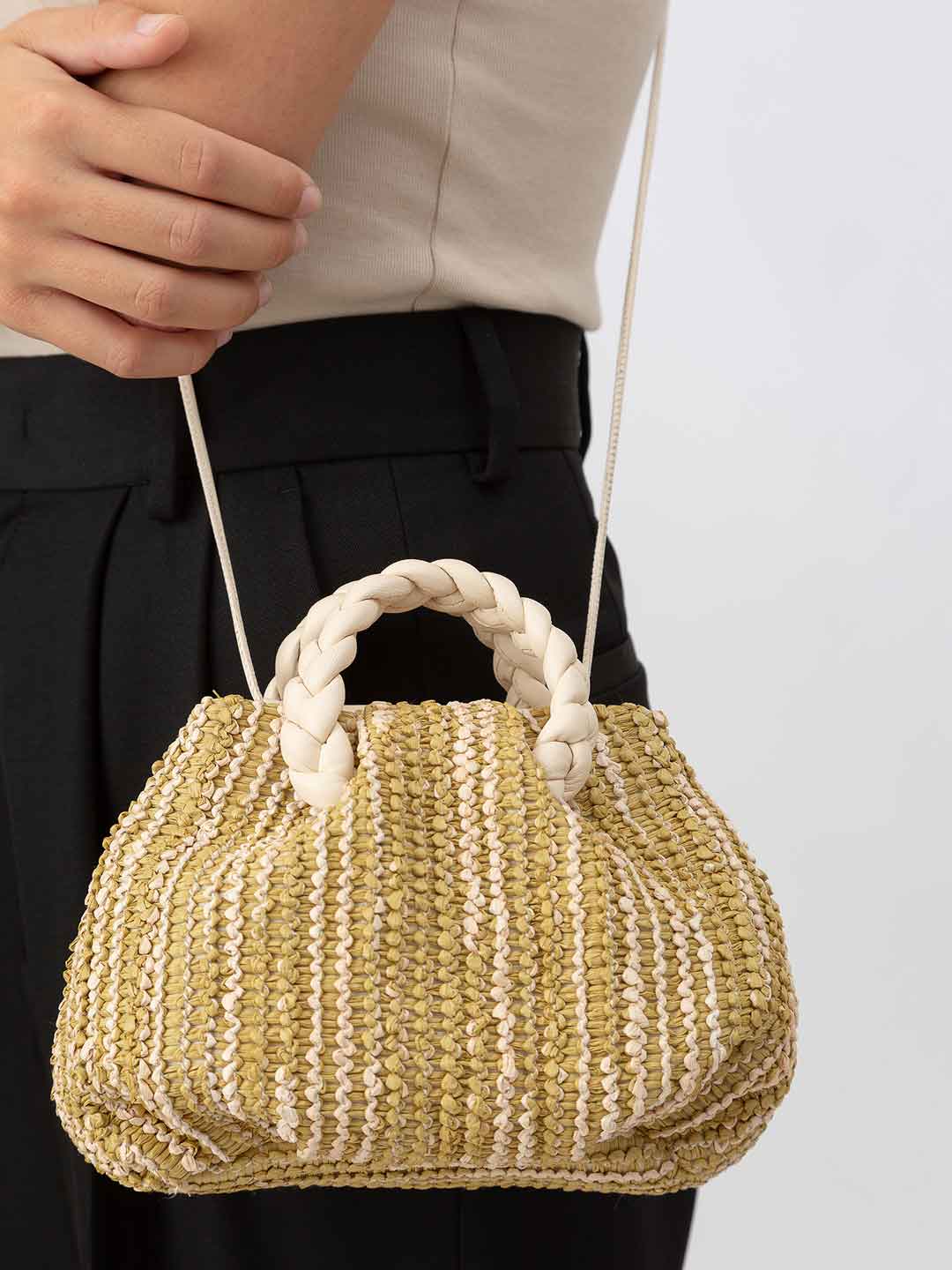 BOMBON RAFFIA BICOLOR - Plaited-handle Leather Crossbody Bag