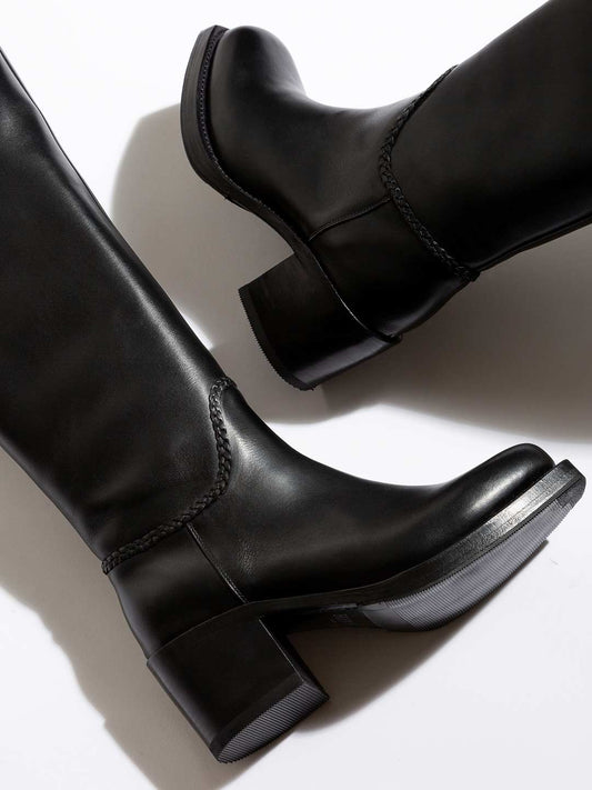 CALOBRA - Heeled Square-Toe Braided Detail Knee-High Boot