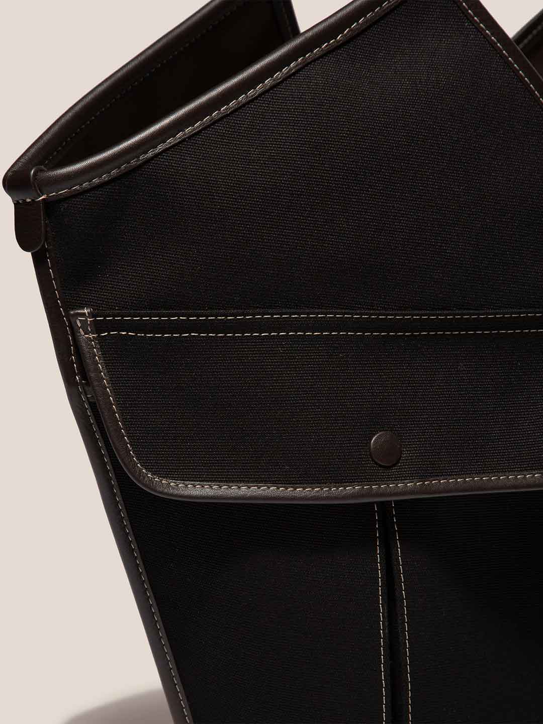 DUNA - Leather-trimmed Organic Cotton Tote Bag - Black/Dark Brown